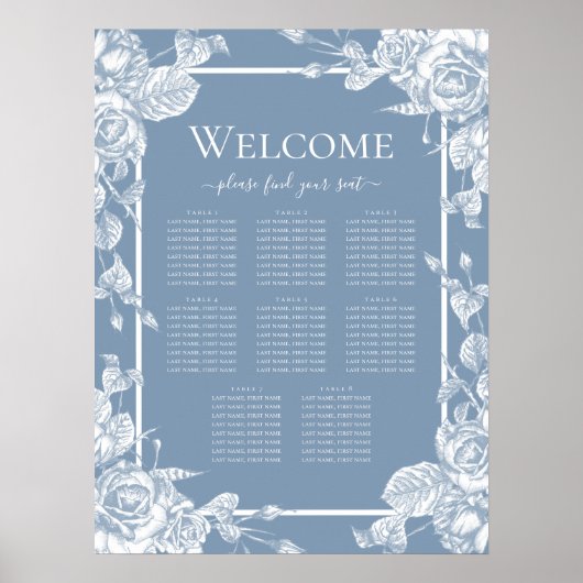 Stusty Blue Floral Seating Chart Poster (Voorkant)