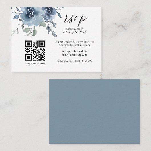 Stusty Blue Floral Slate QR Code Weddenschap RSVP  Informatiekaartje (Voorkant / Achterkant)