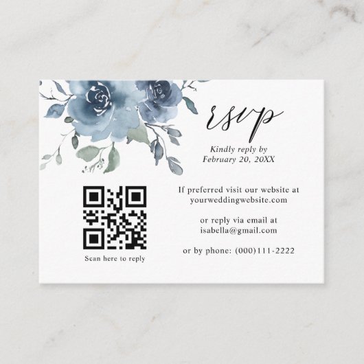 Stusty Blue Floral Slate QR Code Weddenschap RSVP  Informatiekaartje (Voorkant)
