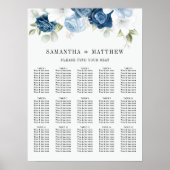 Stusty Blue Floral Waterverf Wedding Seding Chart Poster (Voorkant)