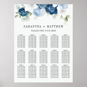 Stusty Blue Floral Waterverf Wedding Seding Chart Poster