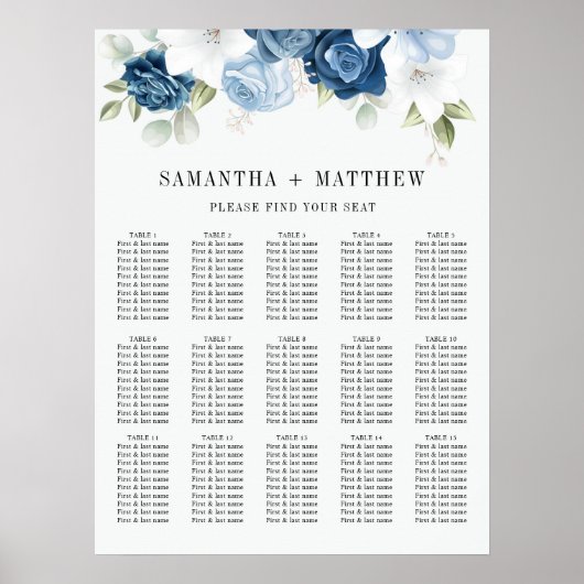 Stusty Blue Floral Waterverf Wedding Seding Chart Poster (Voorkant)