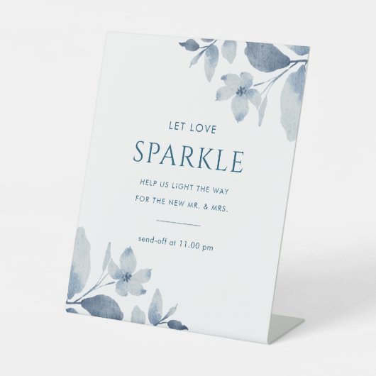 Stusty Blue Floral Weddenschap Sparkler Reclamebord Met Voetstuk (Voorkant)