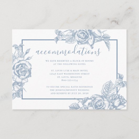 Stusty Blue Floral Wedding Accommodations Informatiekaartje (Voorkant)