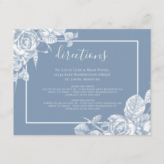 Stusty Blue Floral Wedding Directions Informatiekaartje (Voorkant)