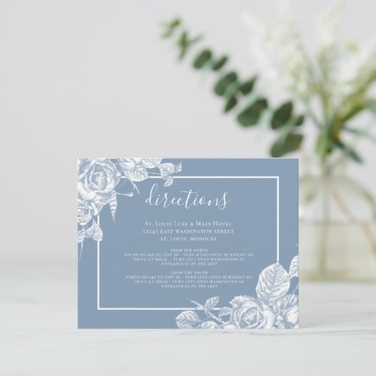 Stusty Blue Floral Wedding Directions Informatiekaartje (Staand voorkant)