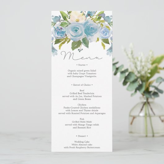 Stusty Blue Floral Wedding Menu of Shower Menu Kaart (Staand voorkant)