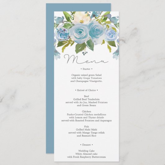 Stusty Blue Floral Wedding Menu of Shower Menu Kaart (Voorkant / Achterkant)