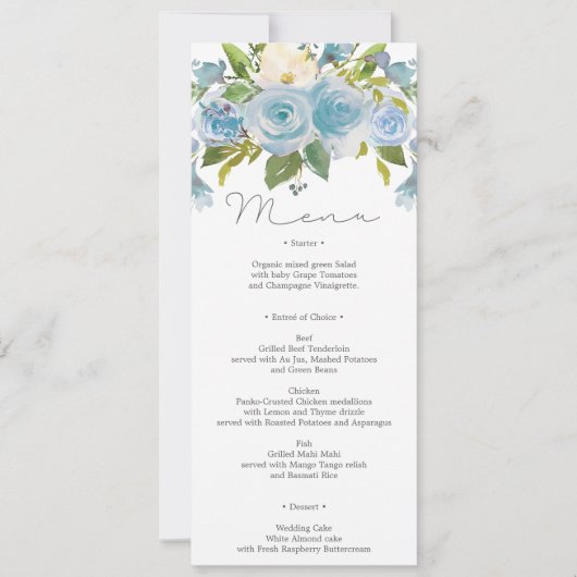 Stusty Blue Floral Wedding Menu of Shower Menu Kaart (Voorkant)