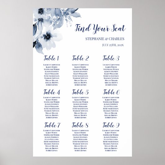 Stusty Blue Floral Wedding Seating Chart Poster (Voorkant)