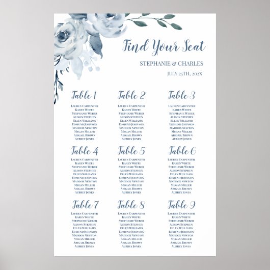 Stusty Blue Floral Wedding Seating Chart Poster (Voorkant)