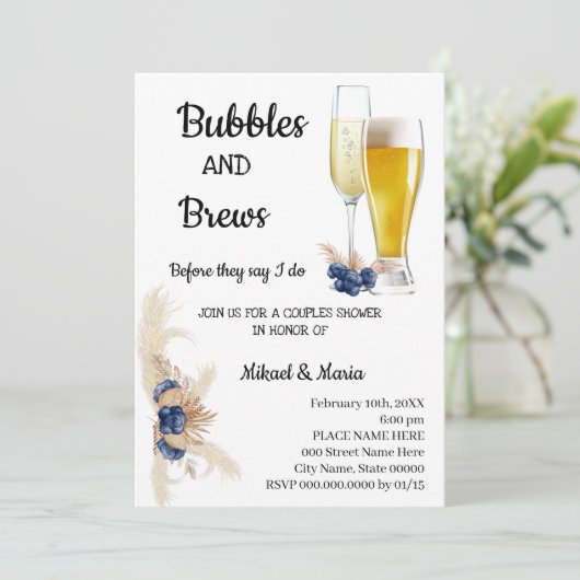 Stusty Blue Flowers Bubble & Brews Couples Shower Kaart (Staand voorkant)