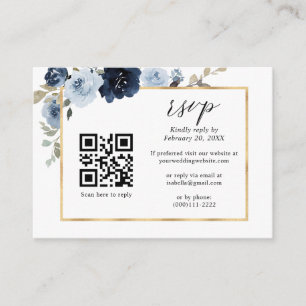 Stusty Blue Gold Navy Floral QR Code Weddenschap R Informatiekaartje