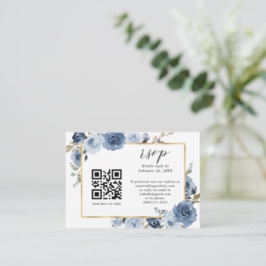 Stusty Blue Gold Pastel Floral QR Code Weddenschap Informatiekaartje (Staand voorkant)