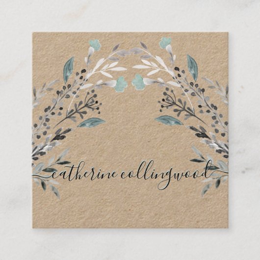 Stusty Blue Greenery Kraft Paper Swash Script Vierkante Visitekaartje (Voorkant)