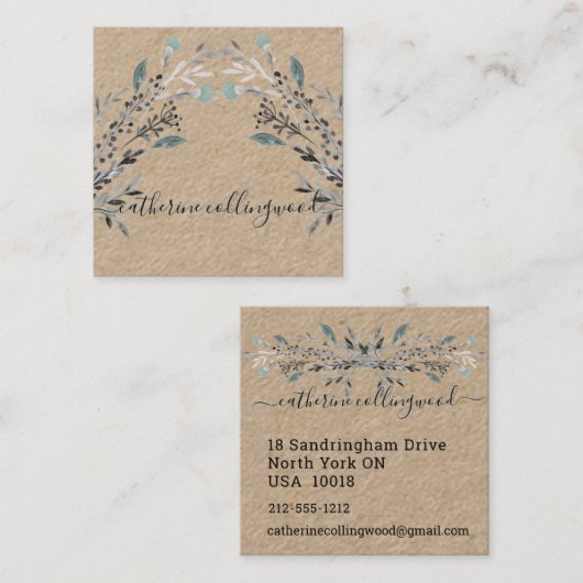 Stusty Blue Greenery Kraft Paper Swash Script Vierkante Visitekaartje (Voorkant / Achterkant)