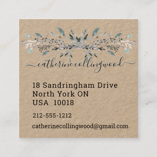Stusty Blue Greenery Kraft Paper Swash Script Vierkante Visitekaartje (Achterkant)