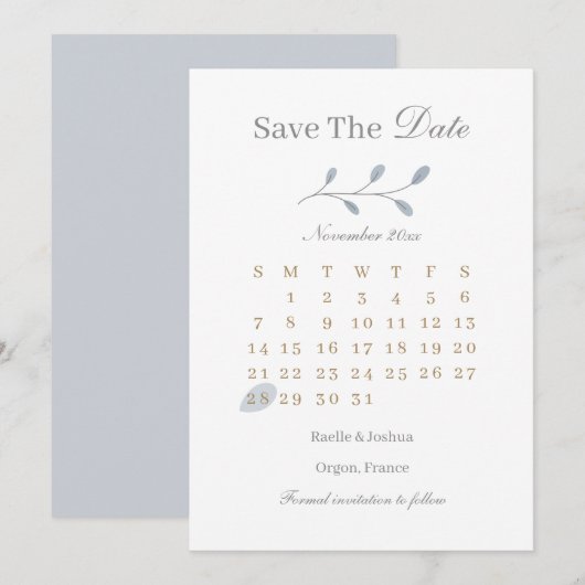 Stusty Blue Leaves Minimalist Save the Date Weddin Kaart (Voorkant / Achterkant)