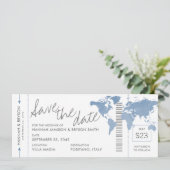 Stusty Blue Map Boarding Pass Ticket Save the Date (Staand voorkant)