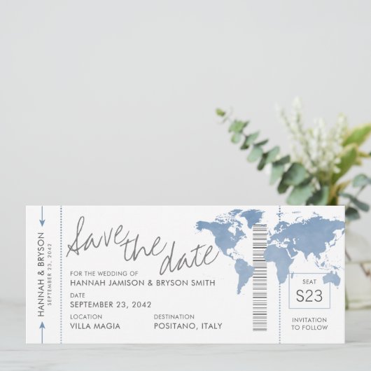 Stusty Blue Map Boarding Pass Ticket Save the Date (Staand voorkant)
