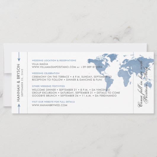 Stusty Blue Map Boarding Pass Ticket Save the Date (Achterkant)