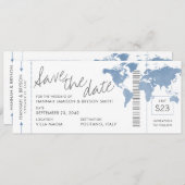 Stusty Blue Map Boarding Pass Ticket Save the Date (Voorkant / Achterkant)