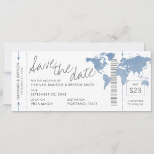 Stusty Blue Map Boarding Pass Ticket Save the Date