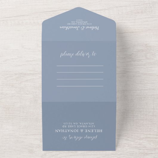 Stusty Blue Minimal Modern Wedding All In One Uitnodiging (Buitenkant)