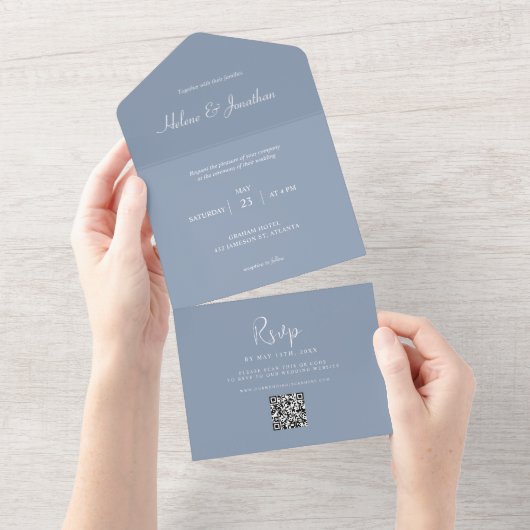 Stusty Blue Minimal Modern Wedding All In One Uitnodiging (Afscheurbaar)