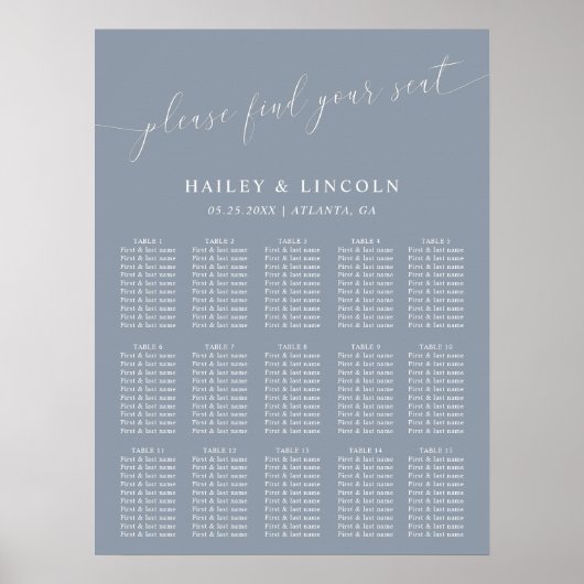 Stusty Blue Minimal Wedding Seating Chart Poster (Voorkant)