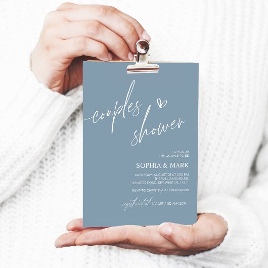 Stusty Blue Minimalist Couples Shower Invitation Kaart
