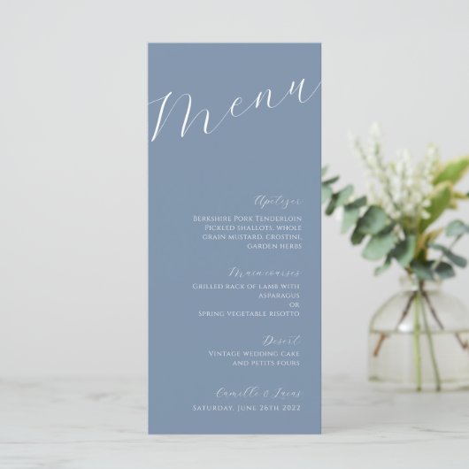 Stusty Blue Minimalist Modern Wedding Menu (Staand voorkant)
