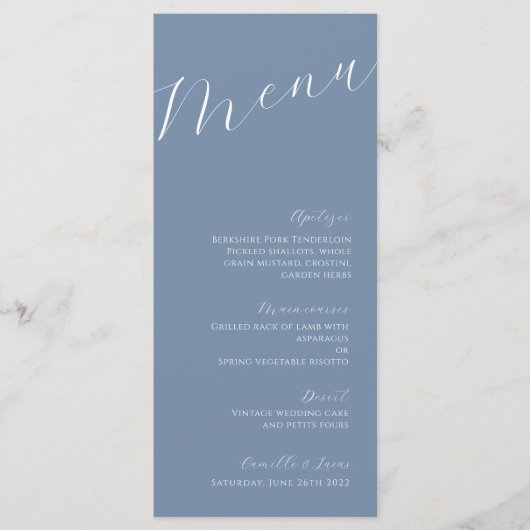 Stusty Blue Minimalist Modern Wedding Menu (Voorkant)