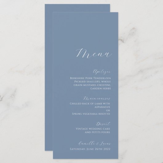 Stusty Blue Minimalist Modern Wedding Menu (Voorkant / Achterkant)