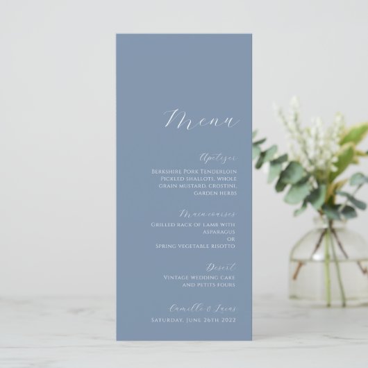 Stusty Blue Minimalist Modern Wedding Menu (Staand voorkant)