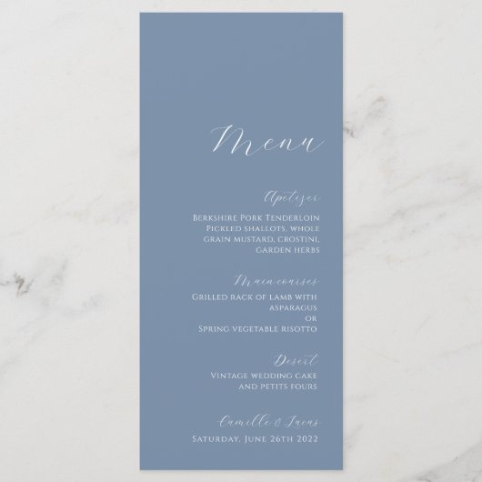 Stusty Blue Minimalist Modern Wedding Menu (Voorkant)
