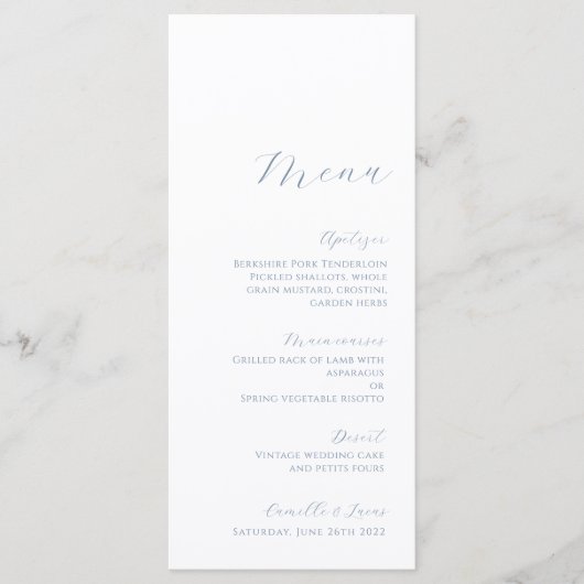 Stusty Blue Minimalist Modern Wedding Menu (Voorkant)