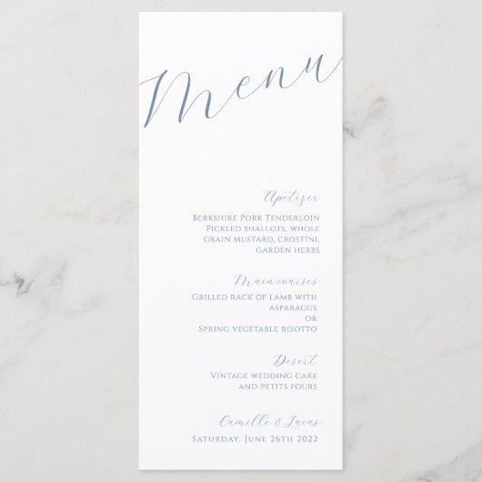 Stusty Blue Minimalist Modern Wedding Menu (Voorkant)