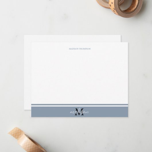 Stusty Blue Minimalist Stripe line met Monogram Notitiekaartje (Voorkant / Achterkant in situ)