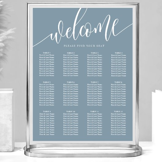 Stusty Blue Minimalist Wedding Seating Chart Poster
