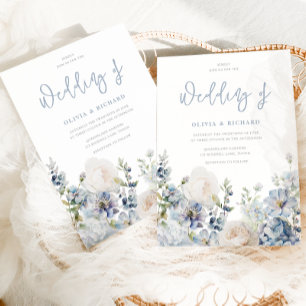 Stusty Blue Modern Floral All Seasons Wedding Kaart