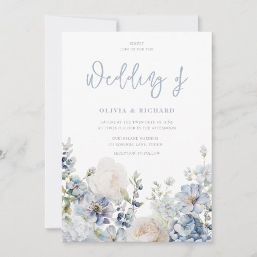 Stusty Blue Modern Floral All Seasons Wedding Kaart (Voorkant)
