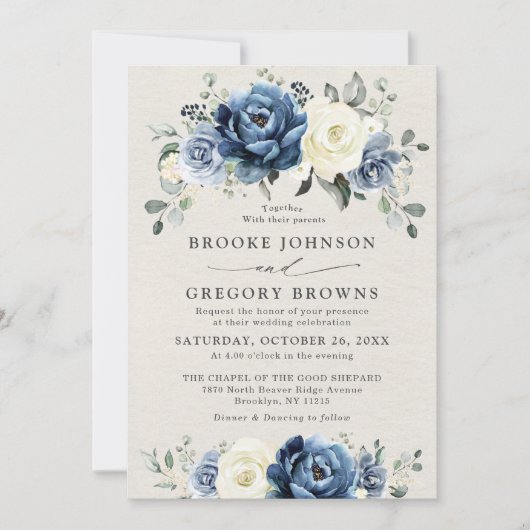 Stusty Blue Navy Champagne Ivory Floral Wedding in Kaart (Voorkant)