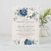 Stusty Blue Navy Champagne Ivory Floral Wedding in Kaart (Staand voorkant)