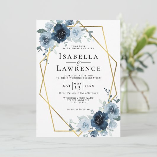 Stusty Blue Navy Floral Gold Foil Pastel Weddensch Kaart (Staand voorkant)