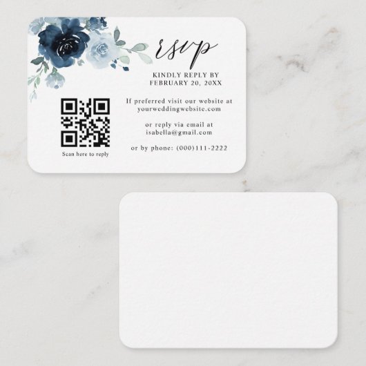 Stusty Blue Navy Pastel Floral QR Code Weddenschap Informatiekaartje (Voorkant / Achterkant)