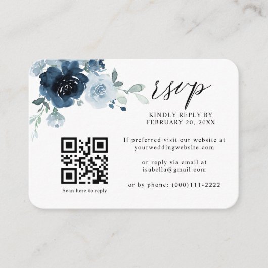 Stusty Blue Navy Pastel Floral QR Code Weddenschap Informatiekaartje (Voorkant)