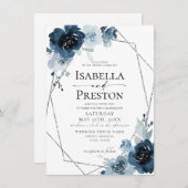 Stusty Blue Navy Pastel Silver Foil Floral Wedding Kaart (Voorkant / Achterkant)
