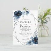 Stusty Blue Navy Pastel Silver Foil Floral Wedding Kaart (Staand voorkant)