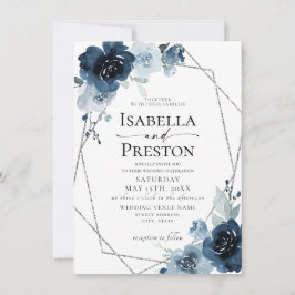 Stusty Blue Navy Pastel Silver Foil Floral Wedding Kaart